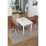 Canisa Concept Nil Serisi 70x110 cm Sabit Mutfak Masası Takımı, Beyaz Mermer Desen Masa, 2 Kiremit Sandalye