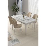 Canisa Concept Nil Serisi 70x110 cm Sabit Mutfak Masası Takımı, Beyaz Mermer Desen Masa, 4 Krem Sandalye