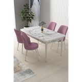 Canisa Concept Nil Serisi 70x110 cm Sabit Mutfak Masası Takımı, Beyaz Mermer Desen Masa, 4 Pembe Sandalye
