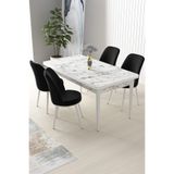Canisa Concept Nil Serisi 70x110 cm Sabit Mutfak Masası Takımı, Beyaz Mermer Desen Masa, 4 Siyah Sandalye