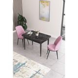 Canisa Concept Nil Serisi 70x110 cm Sabit Mutfak Masası Takımı, Siyah Mermer Desen Masa, 2 Pembe Sandalye