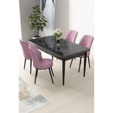 Canisa Concept Nil Serisi 70x110 cm Sabit Mutfak Masası Takımı, Siyah Mermer Desen Masa, 4 Pembe Sandalye