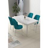 Canisa Concept Nil Serisi 70x110 Sabit Mutfak Masası Takımı Beyaz Masa 4 Turkuaz Sandalye