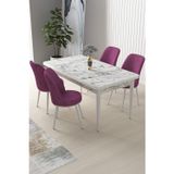 Canisa Concept Nil Serisi 70x110 Sabit Mutfak Masası Takımı Beyaz Mermer Desen Masa 4 Mor Sandalye