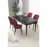 Canisa Concept Nil Serisi 70x110 Sabit Mutfak Masası Takımı Siyah Mermer Desen Masa 4 Bordo Sandalye