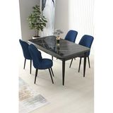 Canisa Concept Nil Serisi 70x110 Sabit Mutfak Masası Takımı Siyah Mermer Desen Masa 4 Lacivert Sandalye