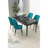 Canisa Concept Nil Serisi 70X110 Sabit Mutfak Masası Takımı Siyah Mermer Desen Masa 4 Turkuaz Sandalye