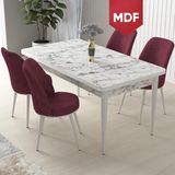 Canisa Concept Nil Serisi MDF beyaz Mermer Desen 70 x 110 cm Sabit Yemek Masası Takımı Masa 4 Sandalye - Bordo - 70x110