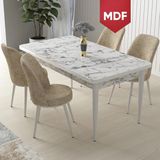 Canisa Concept Nil Serisi MDF beyaz Mermer Desen 70 x 110 cm Sabit Yemek Masası Takımı Masa 4 Sandalye - Krem - 70x110
