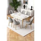 Canisa Concept Nira Serisi 70X114 Mdf Açılabilir Beyaz Mutfak Masa Takımı 6 Gri Sandalye Gold Detay