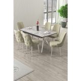 Canisa Concept Nis Serisi 89X150 Açılabilir Lak Panel Rampla Gri Krom Ayak Masa Takımı Ve 6 Krem Sandalye