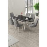 Canisa Concept Nis Serisi 89X150 Açılabilir Lak Panel Siyah Mermer Krom Ayak Masa Takımı Ve 6 Gri Sandalye
