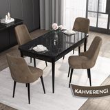 Canisa Concept Noa Serisi, 80 x 132 cm Açılabilir Mdf Masa Takımı,siyah Mermer Desen Masa 4 Sandalye Gümüş Halkalı - Kahverengi