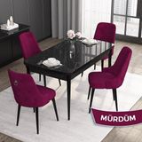 Canisa Concept Noa Serisi, 80 x 132 cm Açılabilir Mdf Masa Takımı,siyah Mermer Desen Masa 4 Sandalye Gümüş Halkalı - Mürdüm