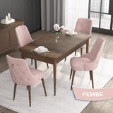 Canisa Concept Noa Serisi, 80 x 132 cm Mdf Masa Takımı, Barok Ahşap Desen Masa 4 Sandalye, Gümüş Halkalı - Pembe