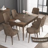 Canisa Concept Noa Serisi, 80 x 132 cm Mdf Masa Takımı, Barok Ahşap Desen Masa 6 Sandalye, Gümüş Halkalı - Kahverengi
