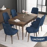 Canisa Concept Noa Serisi, 80 x 132 cm Mdf Masa Takımı, Barok Ahşap Desen Masa 6 Sandalye, Gümüş Halkalı - Lacivert