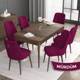 Canisa Concept Noa Serisi, 80 x 132 cm Mdf Masa Takımı, Barok Ahşap Desen Masa 6 Sandalye, Gümüş Halkalı - Mürdüm