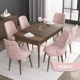 Canisa Concept Noa Serisi, 80 x 132 cm Mdf Masa Takımı, Barok Ahşap Desen Masa 6 Sandalye, Gümüş Halkalı - Pembe