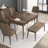 Canisa Concept Noa Serisi, 80X132 Açılabilir Benchli Barok Ahşap Desen Mutfak Masa Takımı, 4 Sandalye 1 Bench - Kahverengi