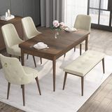 Canisa Concept Noa Serisi, 80X132 Açılabilir Benchli Barok Ahşap Desen Mutfak Masa Takımı, 4 Sandalye 1 Bench - Krem