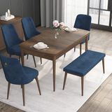 Canisa Concept Noa Serisi, 80X132 Açılabilir Benchli Barok Ahşap Desen Mutfak Masa Takımı, 4 Sandalye 1 Bench - Lacivert