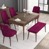 Canisa Concept Noa Serisi, 80X132 Açılabilir Benchli Barok Ahşap Desen Mutfak Masa Takımı, 4 Sandalye 1 Bench - Mürdüm