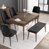 Canisa Concept Noa Serisi, 80X132 Açılabilir Benchli Barok Ahşap Desen Mutfak Masa Takımı, 4 Sandalye 1 Bench - Siyah