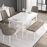 Canisa Concept Noa Serisi, 80X132 Açılabilir Benchli Mdf Beyaz Mutfak Masa Takımı, 4 Sandalye 1 Bench - Cappuccino