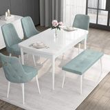 Canisa Concept Noa Serisi, 80X132 Açılabilir Benchli Mdf Beyaz Mutfak Masa Takımı, 4 Sandalye 1 Bench - Su Yeşili