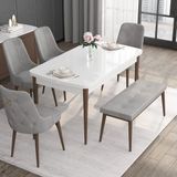Canisa Concept Noa Serisi, 80X132 Açılabilir Mdf Masa, Beyaz Masa Ceviz Ayak Masa Takımı, 4 Sandalye 1 Bench - Gri