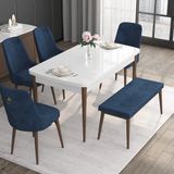Canisa Concept Noa Serisi, 80X132 Açılabilir Mdf Masa, Beyaz Masa Ceviz Ayak Masa Takımı, 4 Sandalye 1 Bench - Lacivert
