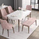 Canisa Concept Noa Serisi, 80X132 Açılabilir Mdf Masa, Beyaz Masa Ceviz Ayak Masa Takımı, 4 Sandalye 1 Bench - Pembe