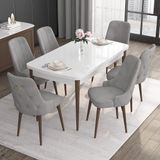 Canisa Concept Noa Serisi, 80X132 Açılabilir Mdf Masa, Beyaz Masa Ceviz Ayak Masa Takımı, 6 Sandalye - Gri