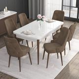 Canisa Concept Noa Serisi, 80X132 Açılabilir Mdf Masa, Beyaz Masa Ceviz Ayak Masa Takımı, 6 Sandalye - Kahverengi