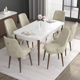 Canisa Concept Noa Serisi, 80X132 Açılabilir Mdf Masa, Beyaz Masa Ceviz Ayak Masa Takımı, 6 Sandalye - Krem