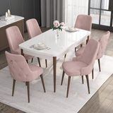 Canisa Concept Noa Serisi, 80X132 Açılabilir Mdf Masa, Beyaz Masa Ceviz Ayak Masa Takımı, 6 Sandalye - Pembe