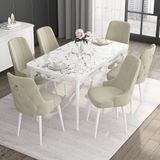 Canisa Concept Noa Serisi, 80X132 Açılabilir Mdf Masa, Beyaz Mermer Desen Mutfak Masa Takımı, 6 Sandalye - Krem