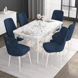 Canisa Concept Noa Serisi, 80X132 Açılabilir Mdf Masa, Beyaz Mermer Desen Mutfak Masa Takımı, 6 Sandalye - Lacivert