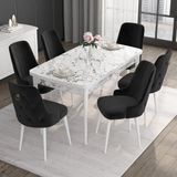 Canisa Concept Noa Serisi, 80X132 Açılabilir Mdf Masa, Beyaz Mermer Desen Mutfak Masa Takımı, 6 Sandalye - Siyah