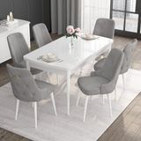 Canisa Concept Noa Serisi, 80X132 Açılabilir Mdf Masa, Beyaz Mutfak Masa Takımı, 6 Sandalye - Gri