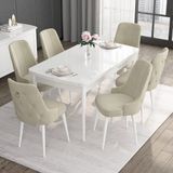 Canisa Concept Noa Serisi, 80X132 Açılabilir Mdf Masa, Beyaz Mutfak Masa Takımı, 6 Sandalye - Krem