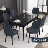 Canisa Concept Noa Serisi,80 x 132 cm Açılabilir Mdf Masa Takımı,siyah Mermer Desen Masa 6 Sandalye Gümüş Halkalı - Antrasit