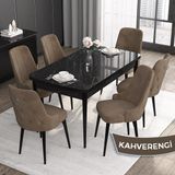 Canisa Concept Noa Serisi,80 x 132 cm Açılabilir Mdf Masa Takımı,siyah Mermer Desen Masa 6 Sandalye Gümüş Halkalı - Kahverengi