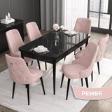 Canisa Concept Noa Serisi,80 x 132 cm Açılabilir Mdf Masa Takımı,siyah Mermer Desen Masa 6 Sandalye Gümüş Halkalı - Pembe