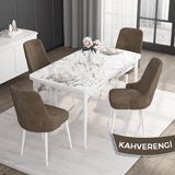 Canisa Concept Noa Serisi,80 x 132 cm Açılabilir Mdf Masa,beyaz Mermer Desen Mutfak Masa Takımı, 4 Sandalye Gümüş Halkalı - Kahverengi