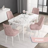Canisa Concept Noa Serisi,80 x 132 cm Açılabilir Mdf Masa,beyaz Mermer Desen Mutfak Masa Takımı, 4 Sandalye Gümüş Halkalı - Pembe