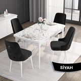 Canisa Concept Noa Serisi,80 x 132 cm Açılabilir Mdf Masa,beyaz Mermer Desen Mutfak Masa Takımı, 4 Sandalye Gümüş Halkalı - Siyah