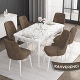 Canisa Concept Noa Serisi,80 x 132 cm Açılabilir Mdf Masa,beyaz Mermer Desen Mutfak Masa Takımı, 6 Sandalye Gümüş Halkalı - Kahverengi