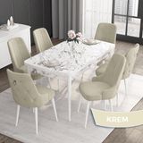 Canisa Concept Noa Serisi,80 x 132 cm Açılabilir Mdf Masa,beyaz Mermer Desen Mutfak Masa Takımı, 6 Sandalye Gümüş Halkalı - Krem